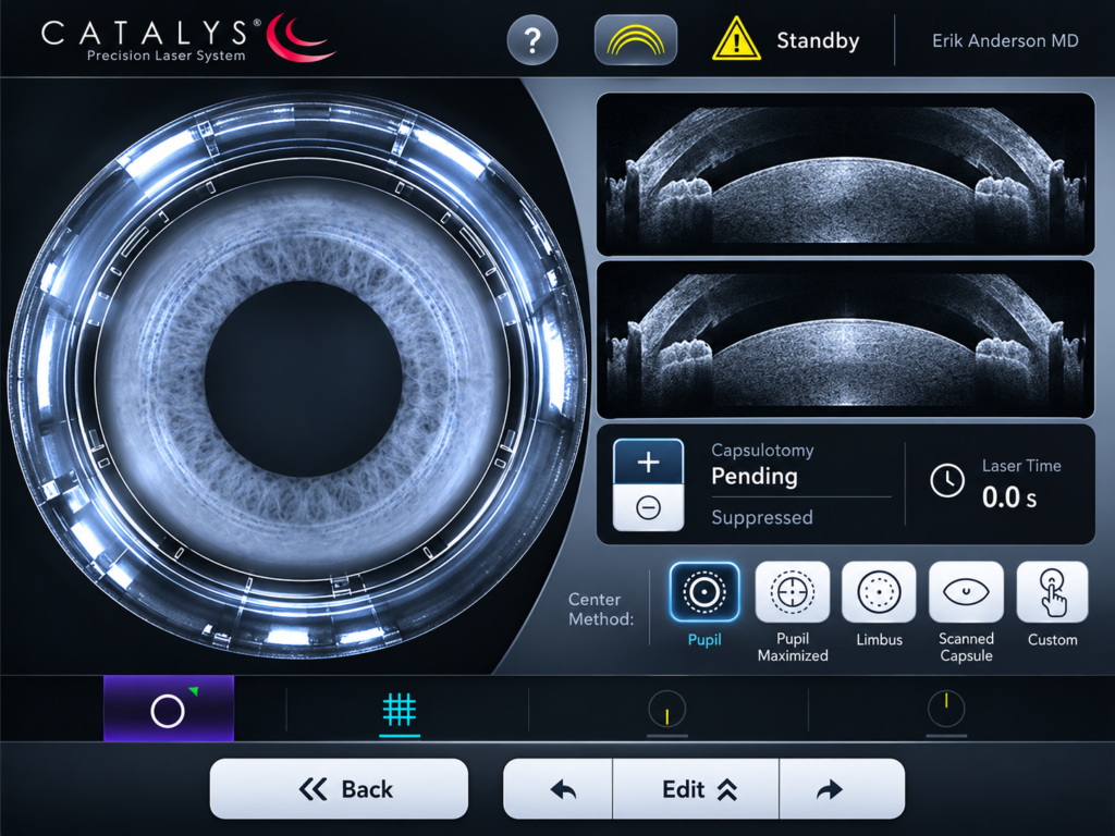 Catalys femtosecond laser cataract surgery 3D OCT imaging of the cornea, pupil and lens capsule for capsulotomy planning